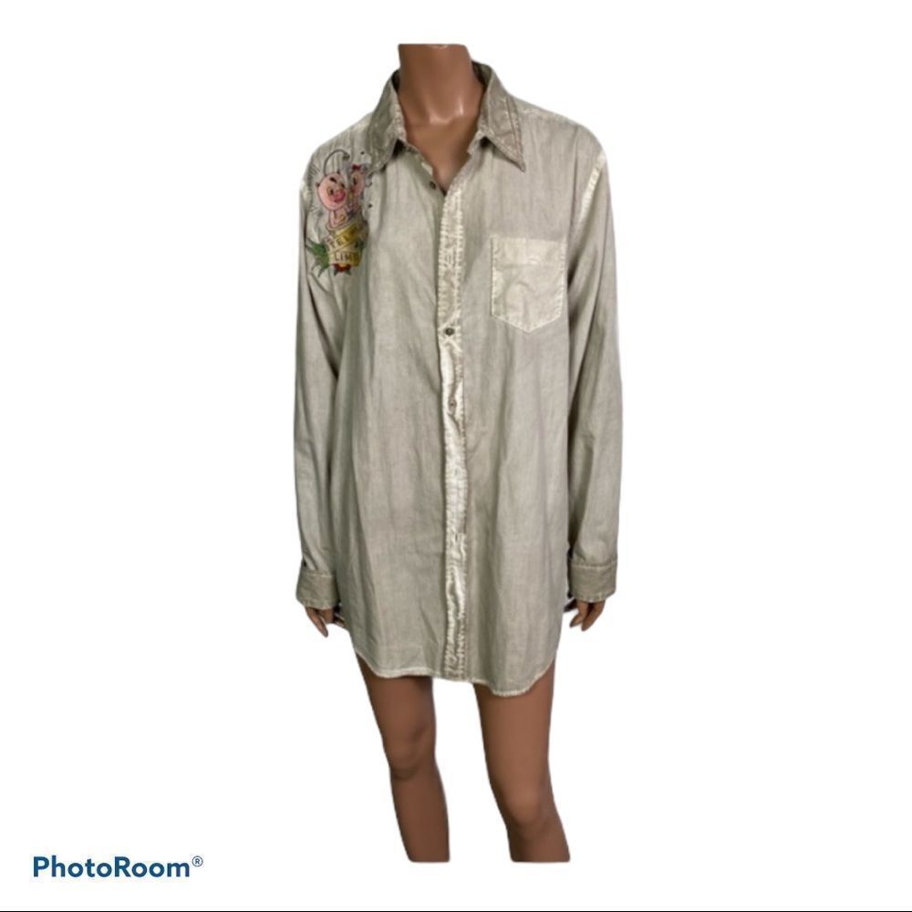 Custo Beige Pima Cotton Button Down Patch Shirt XL